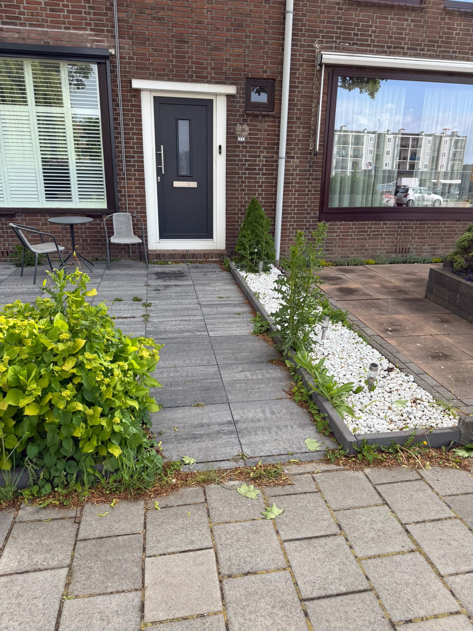 Voor: Overgroeide voortuin met onkruid